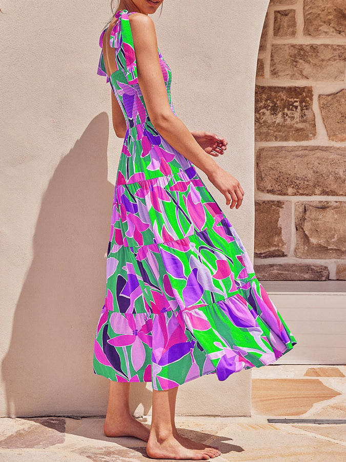 Leaves Printed Tie-shoulder Sleeveless Holiday Maxi Dress