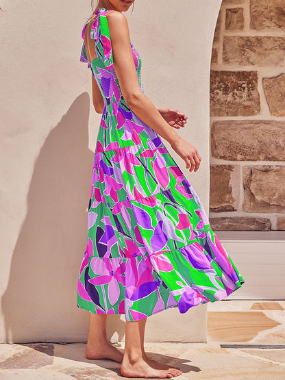 Leaves Printed Tie-shoulder Sleeveless Holiday Maxi Dress
