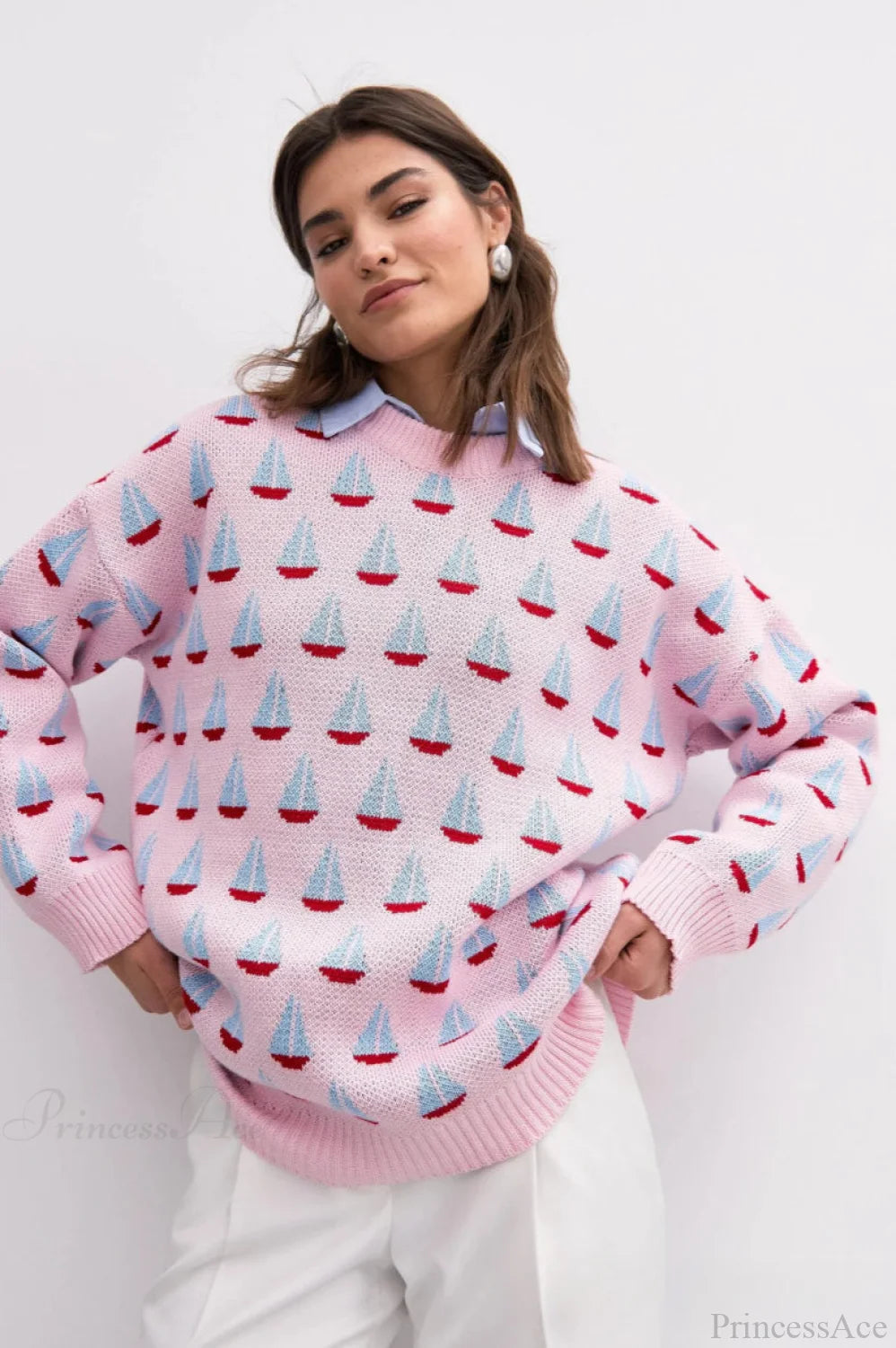 Sailboat Jacquard Loose Lazy Versatile Multi Color Pullover Knit Sweater