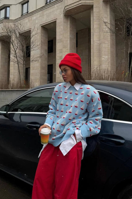 Sailboat Jacquard Loose Lazy Versatile Multi Color Pullover Knit Sweater