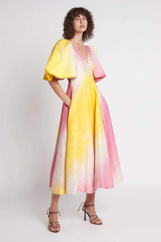 Salome Puff Sleeve V-neck Midi Dress