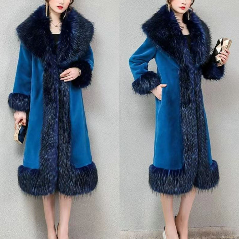 Style Navy Faux Fox Collar Patchwork Silm Fit Faux Fur Coats Winter Ly9461
