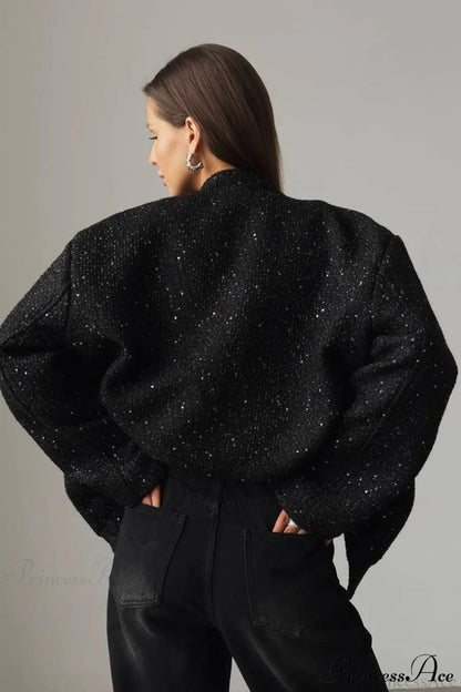 Sequin Metallic Stand Collar Loose Coat