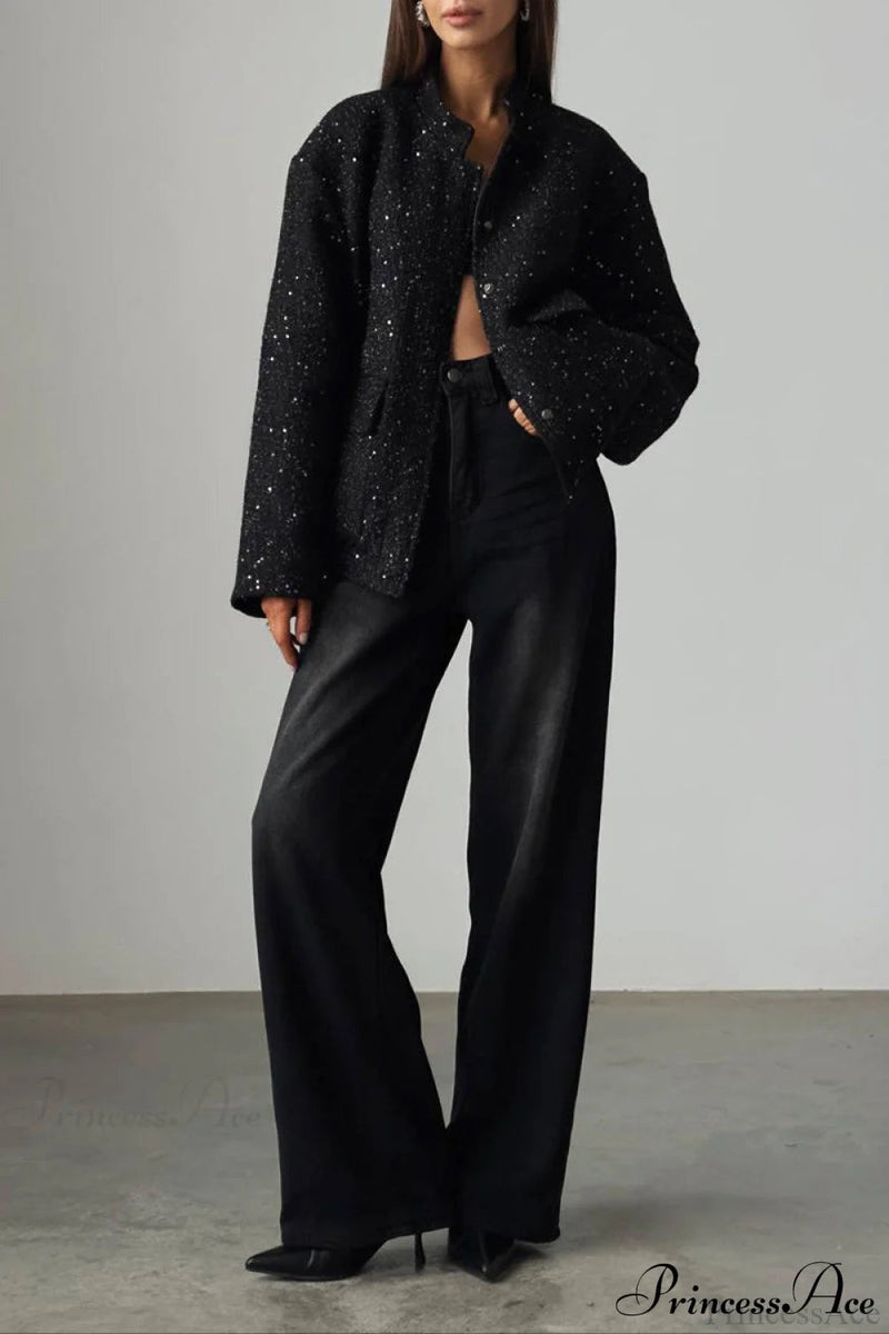 Sequin Metallic Stand Collar Loose Coat