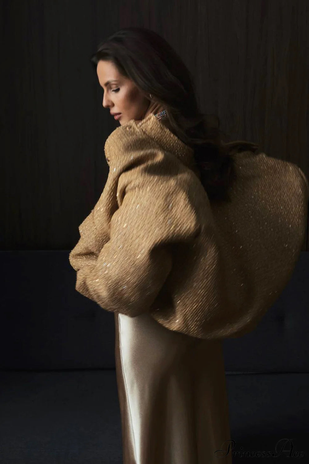 Sequin Metallic Stand Collar Loose Coat