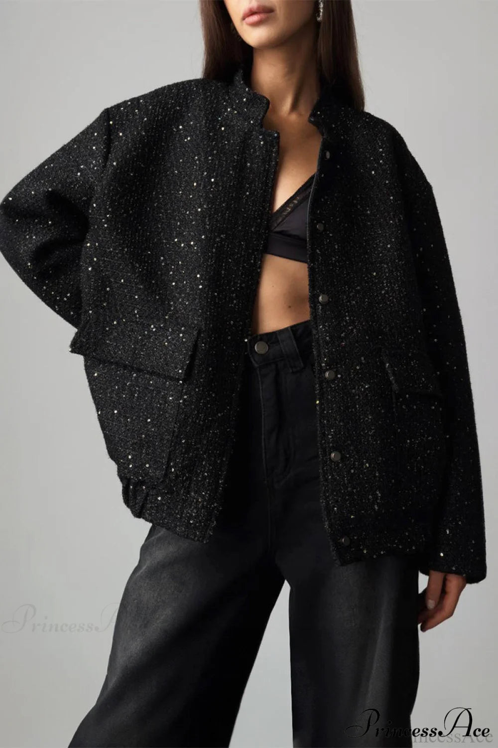 Sequin Metallic Stand Collar Loose Coat