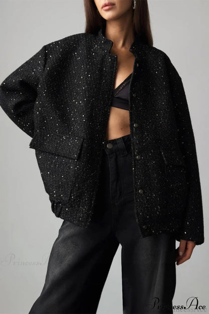 Sequin Metallic Stand Collar Loose Coat