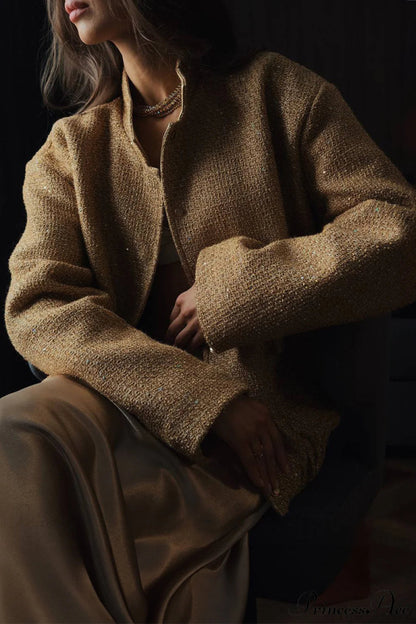 Sequin Metallic Stand Collar Loose Coat