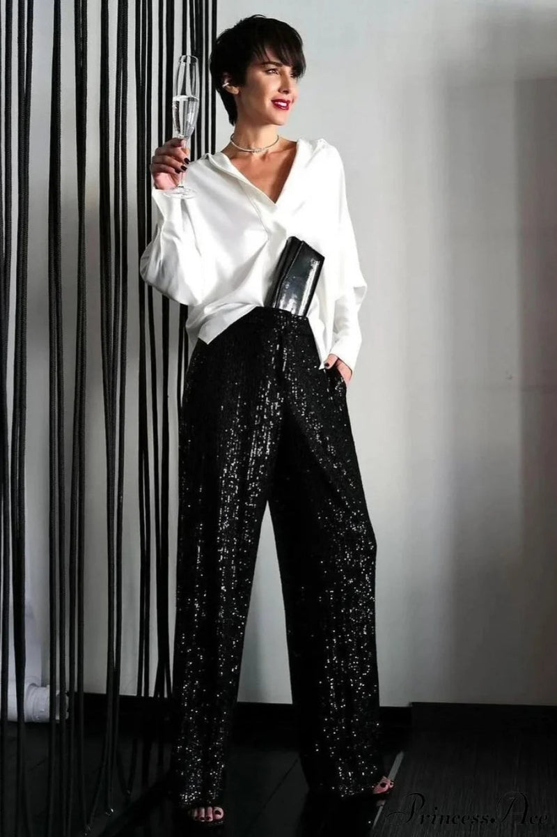 Sequin Slim-fit Straight Pants