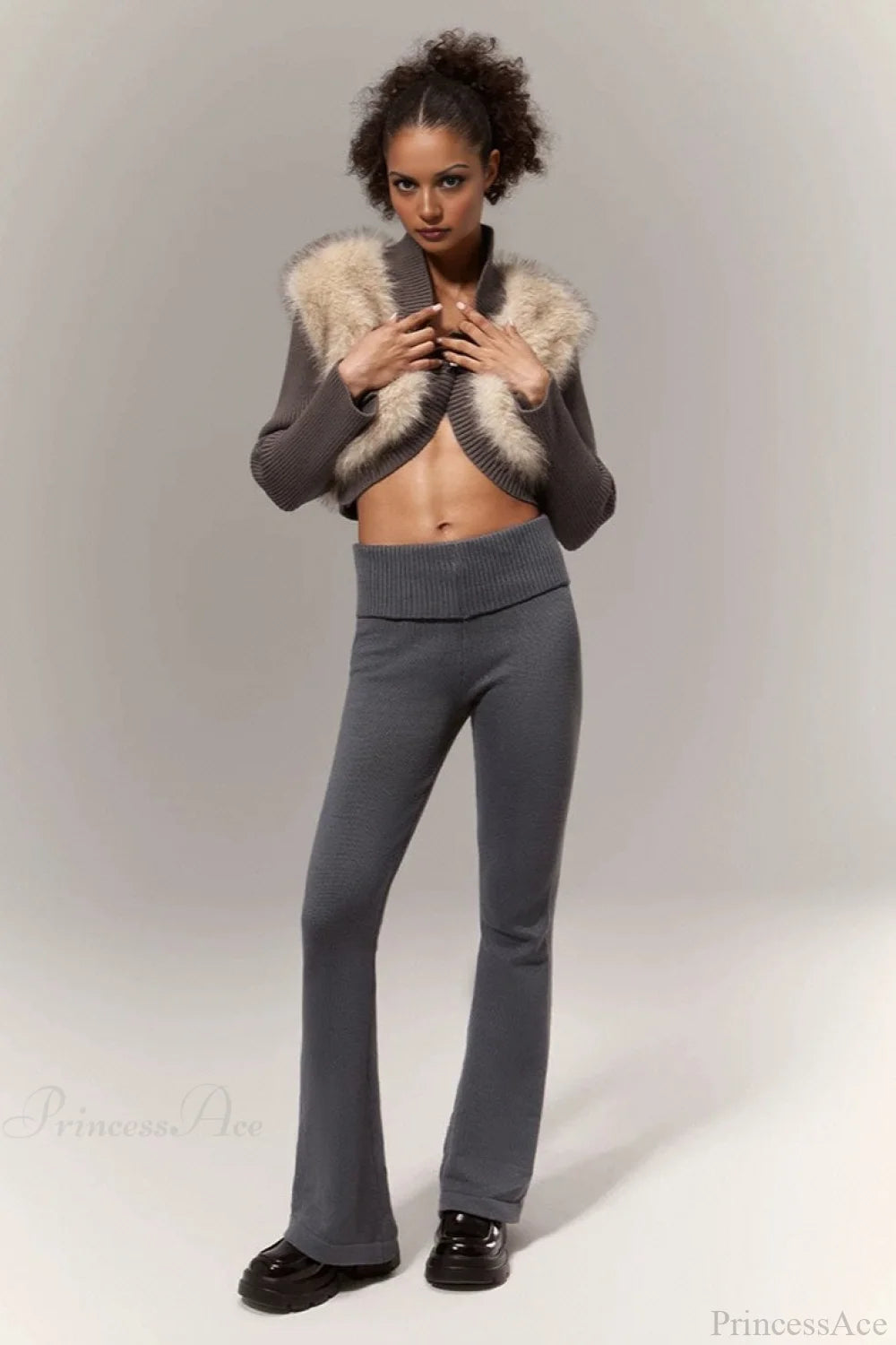 Crop Color Block Fuzzy Panel Open Front Blouse