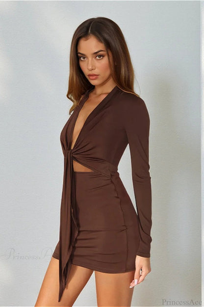 Deep V Knit Long Sleeve Hollow Out Bodycon Mini Dress