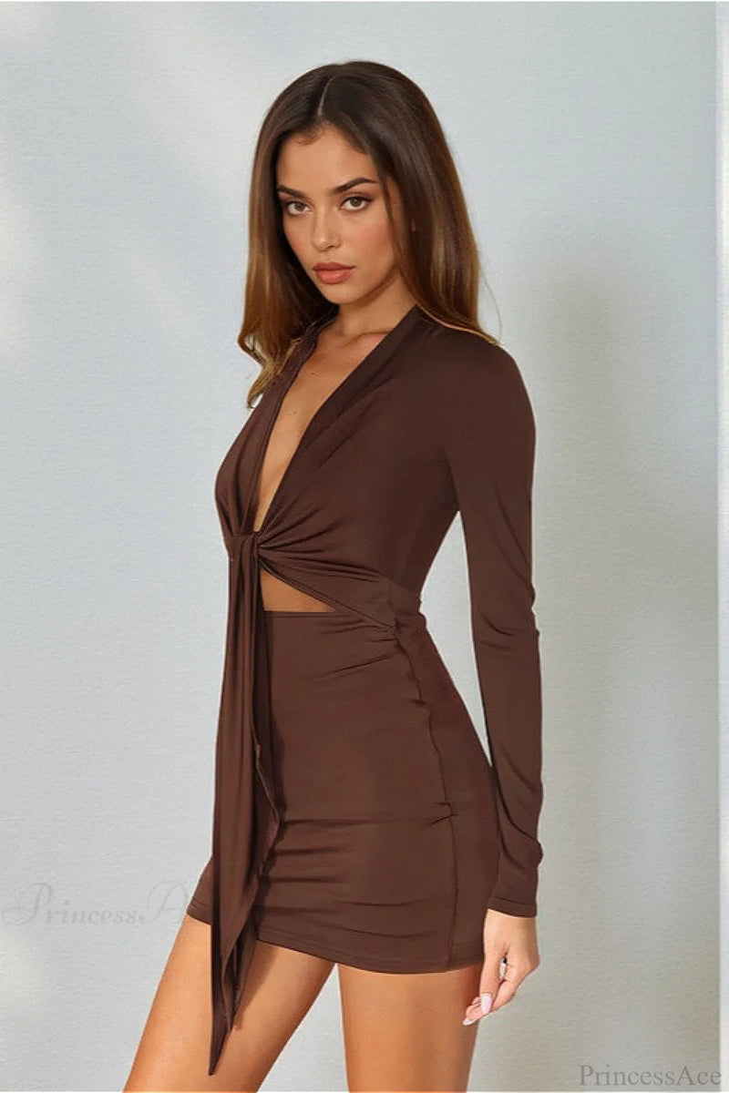 Deep V Knit Long Sleeve Hollow Out Bodycon Mini Dress