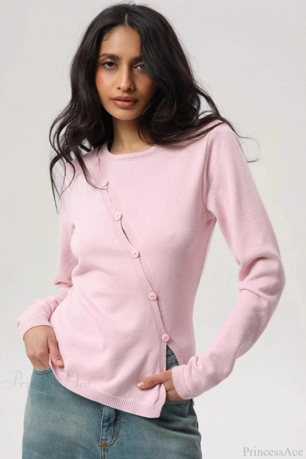 Irregular Crew Neck Long Sleeve Knit Sweater