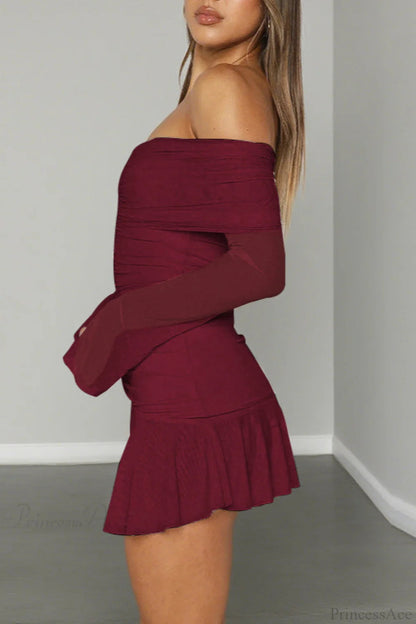 Off Shoulder Ruched Ruffle Long Sleeve Mini Dress