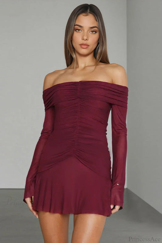 Off Shoulder Ruched Ruffle Long Sleeve Mini Dress