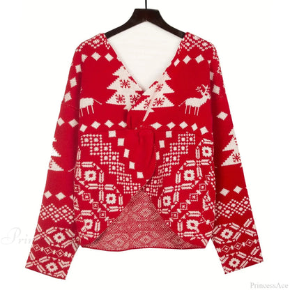 Oversized Low Back Deep V-neck Hot Red Pullover Christmas Sweater