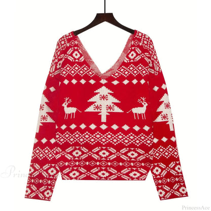 Oversized Low Back Deep V-neck Hot Red Pullover Christmas Sweater