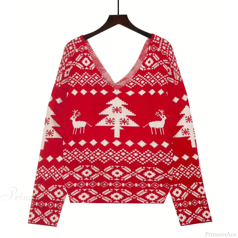 Oversized Low Back Deep V-neck Hot Red Pullover Christmas Sweater