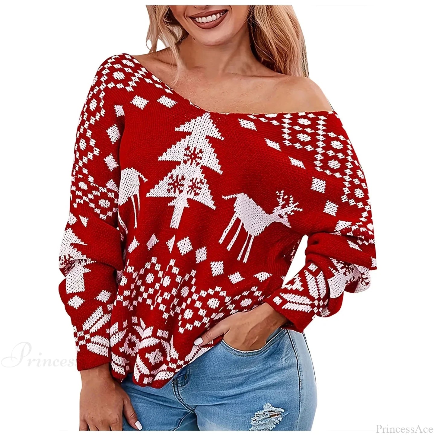 Oversized Low Back Deep V-neck Hot Red Pullover Christmas Sweater