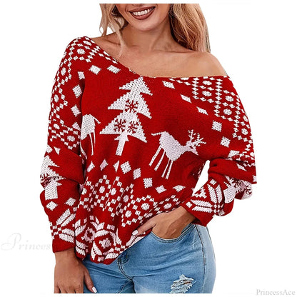 Oversized Low Back Deep V-neck Hot Red Pullover Christmas Sweater