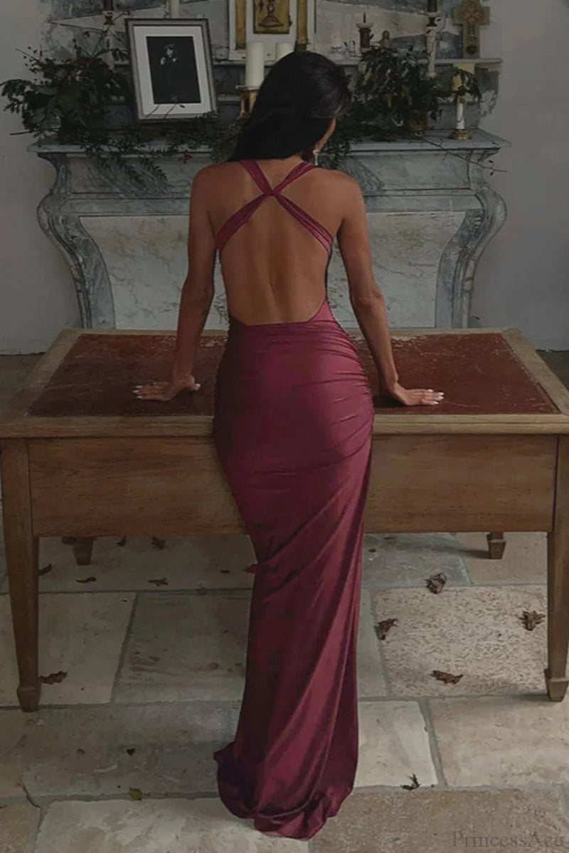 Peter Pan Halter Backless Bodycon Maxi Dress