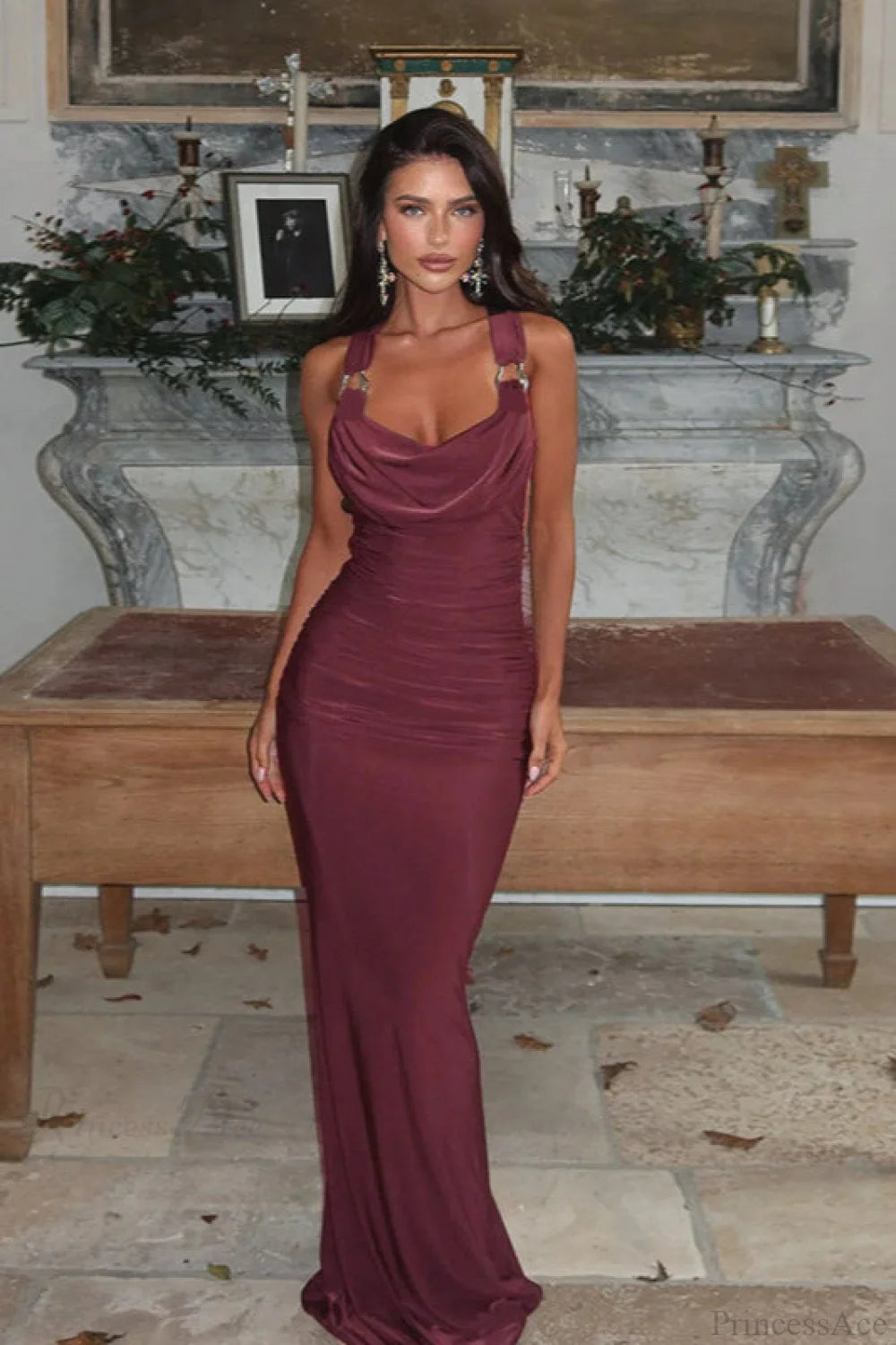 Peter Pan Halter Backless Bodycon Maxi Dress