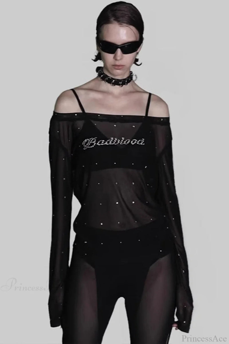 Rhinestone Embellished Off-the-shoulder Tulle Blouse