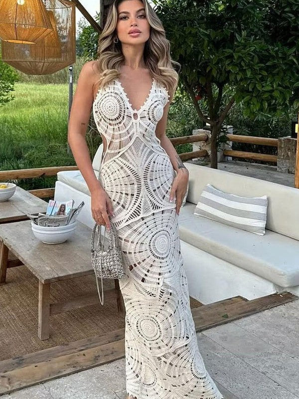 Crochet Hollow V Neck Backless Maxi Dress