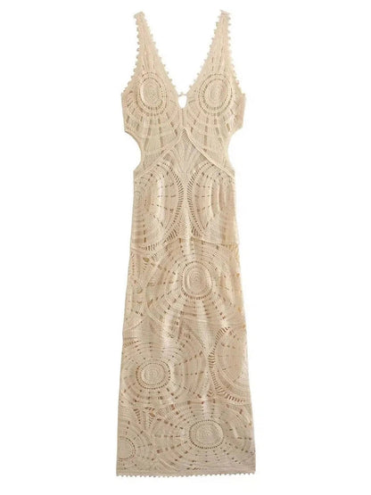 Crochet Hollow V Neck Backless Maxi Dress