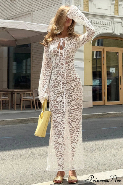 Sheer Round Neck Lace Long Sleeve Maxi Dress