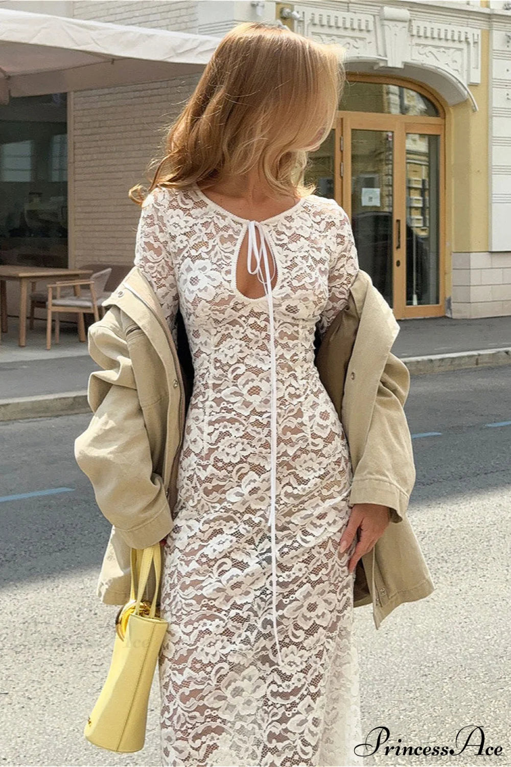 Sheer Round Neck Lace Long Sleeve Maxi Dress
