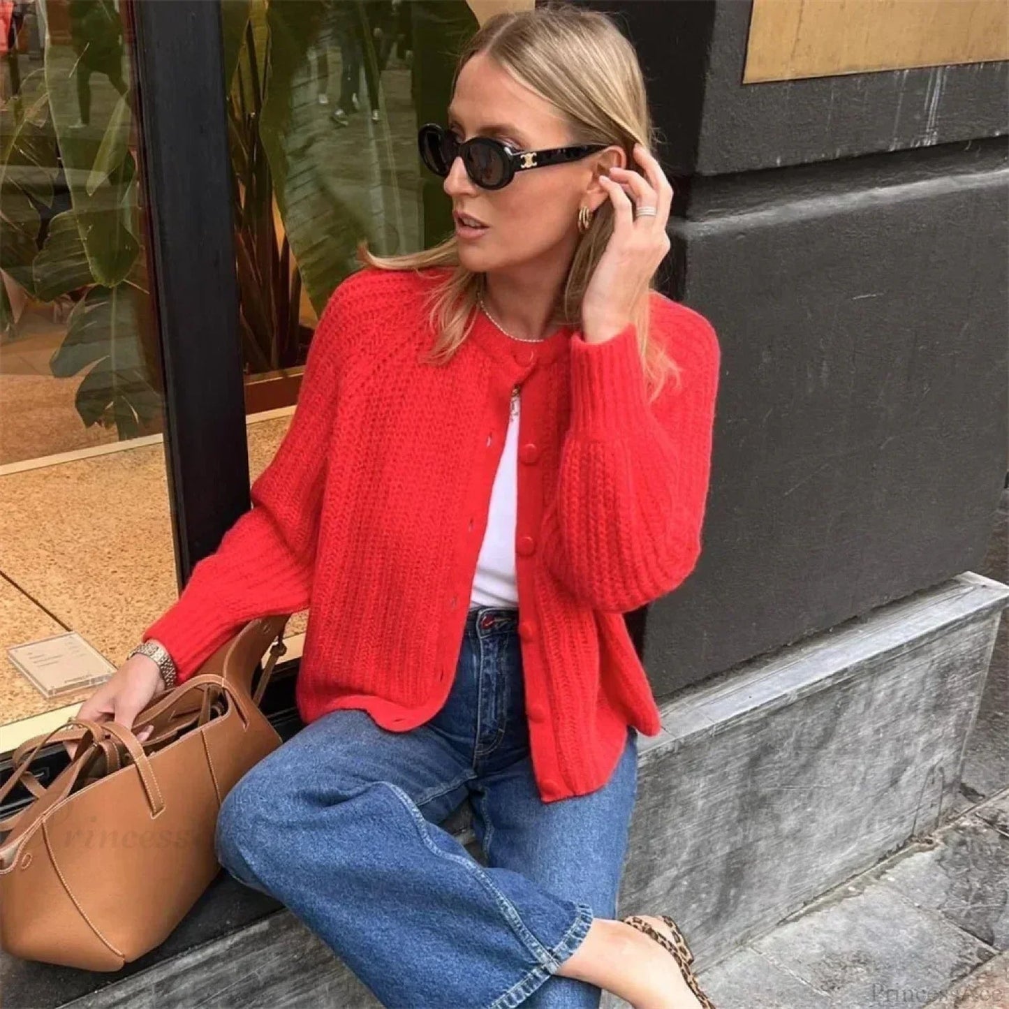 Short Cardigan With Round Neck Long Sleeve Fashionable Red Christmas Sweater