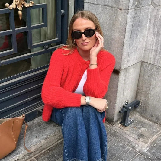 Short Cardigan With Round Neck Long Sleeve Fashionable Red Christmas Sweater