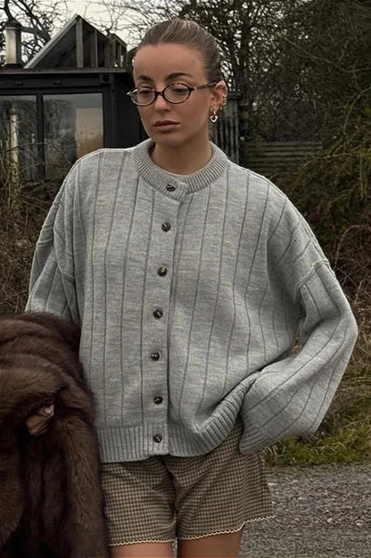Simple Rib Crewneck Oversized Cardigan Sweater