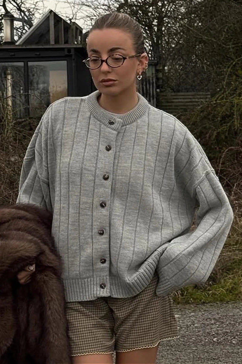 Simple Rib Crewneck Oversized Cardigan Sweater
