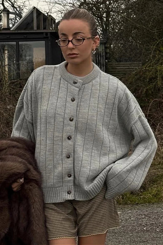 Simple Rib Crewneck Oversized Cardigan Sweater