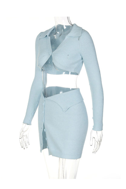 Sky Blue Button-front Knitted Two Piece Skirts