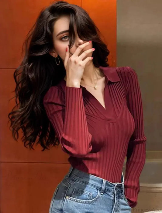 Slim Knitting Polo Collar Long Sleeve Soft Warm Knitwear Christmas Sweater