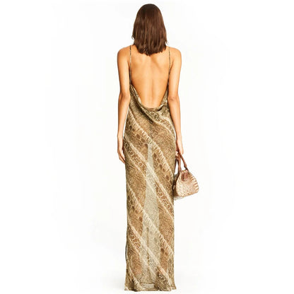 Snake Chiffon Long Party Sheer Backless Autumn Clothes Midi Dresses