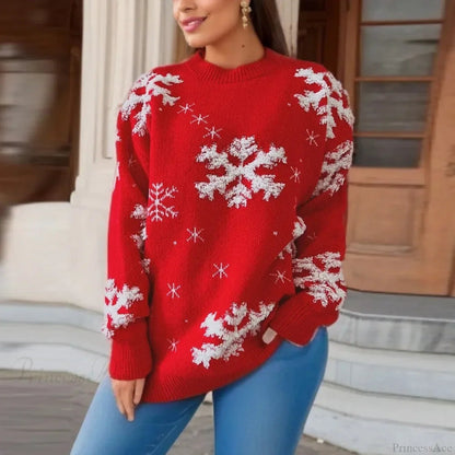 Snowflake Embroidered Round Neck Long Sleeve Crossbody Christmas Sweater
