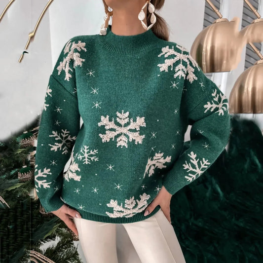 Snowflake Print Warm Thicken Loose Oversized Full Sleeve Christmas Sweater
