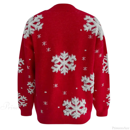 Snowflake Print Warm Thicken Loose Oversized Full Sleeve Christmas Sweater