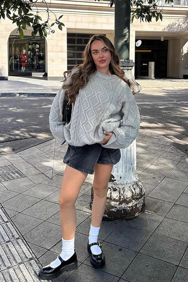 3d Chunky Cable Argyle Crewneck Loose Sweater