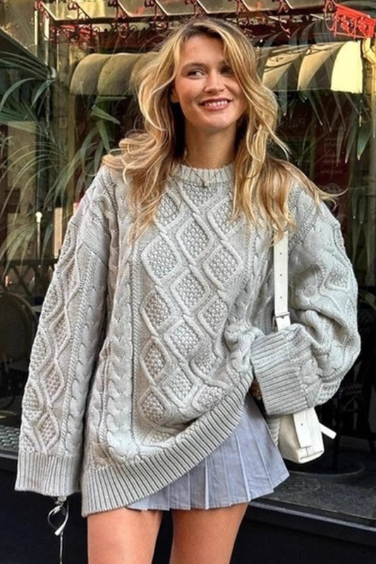 3d Chunky Cable Argyle Crewneck Loose Sweater