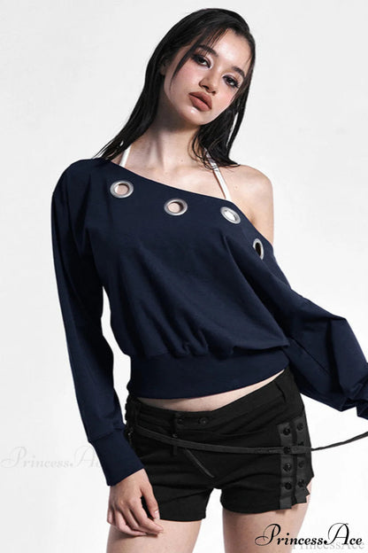 Color Asymmetric Shoulder Cutout Long Sleeve Blouse