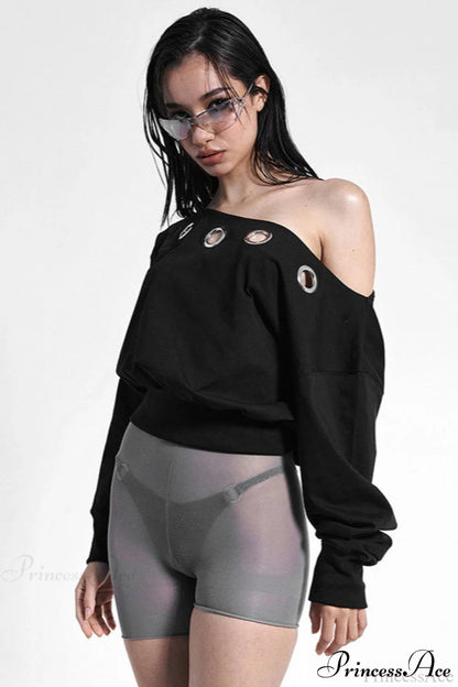 Color Asymmetric Shoulder Cutout Long Sleeve Blouse