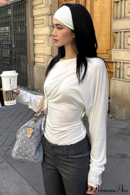 Color Asymmetric Shoulder Cutout Long Sleeve Blouse
