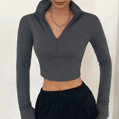 Color T-shirt Long Sleeves Turtleneck Crop Tops Simple Style Party Club Spring Summer New