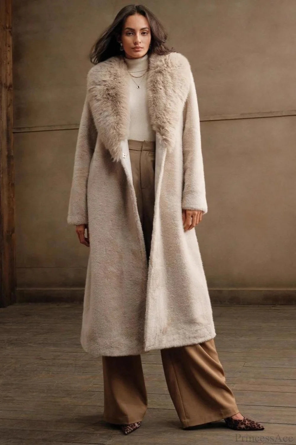 Color Furry Collar Faux Fur Overcoat