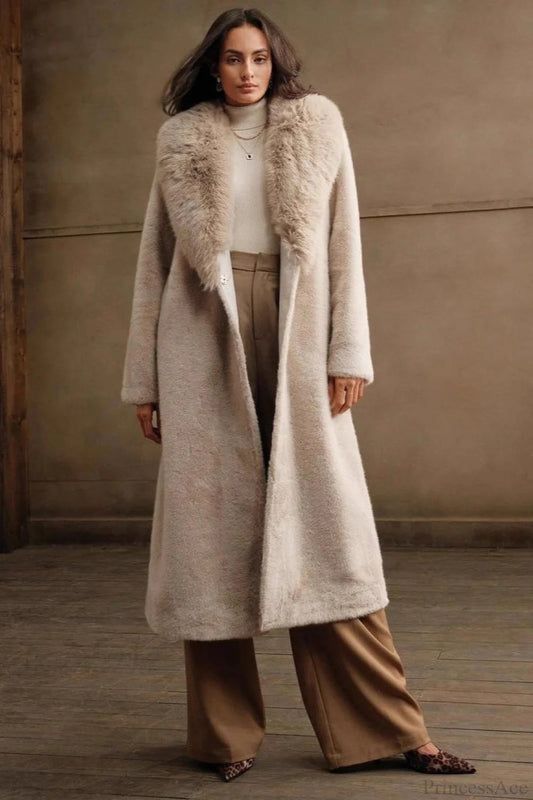 Color Furry Collar Faux Fur Overcoat